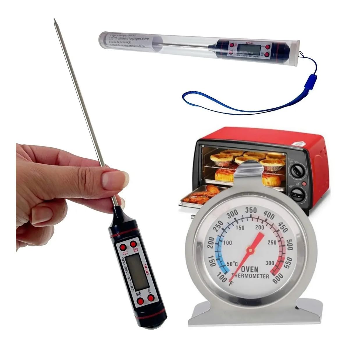 Kit Termômetros Culinários Agulha Digital + Forno Analógico Aço Inox 300° Líquidos e