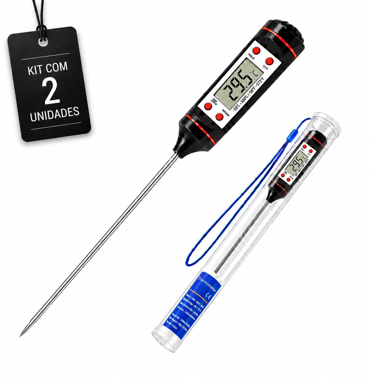 Kit 2 Termômetro Digital Culinário Resistente com Display de Fácil Leitura Suporta
