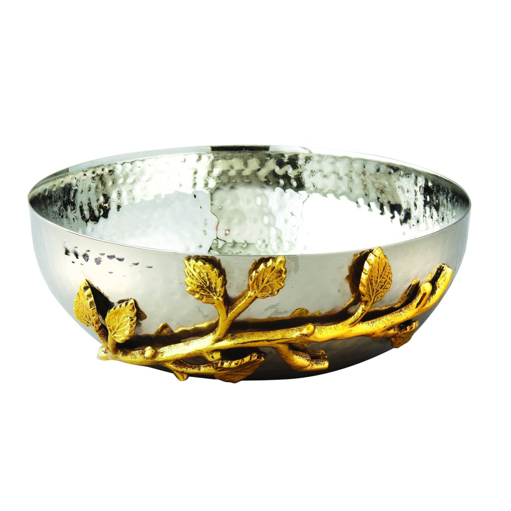 Elegance Tigela de salada de aço inoxidável martelada com videira dourada, 16 cm,