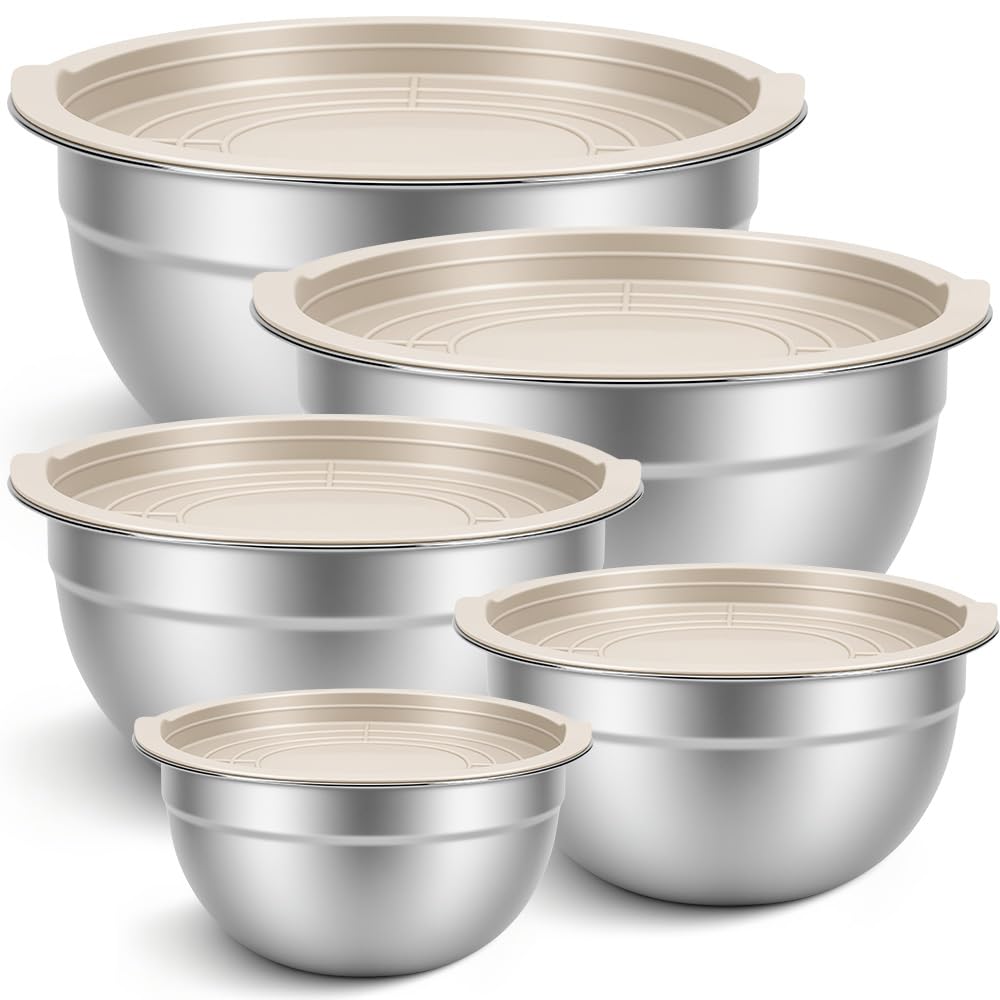 Conjunto de 5 peças, Tigela Inox, Saladeira com Tampa, Bacia Inox com Tampa, Diâmetros: