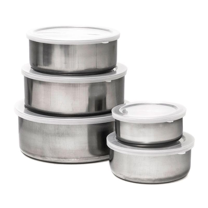 Conjunto 5 Tigelas Bowl de Aço Inox com Tampa – Potes Inox para Cozinha, Saladeira Inox,