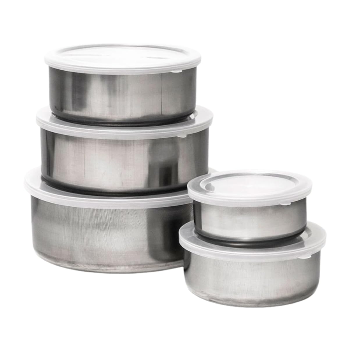 Conjunto de Potes Tigelas Bowl Inoxidáveis 5 Peças (200 a 1300 ml) com Tampa Plástica —