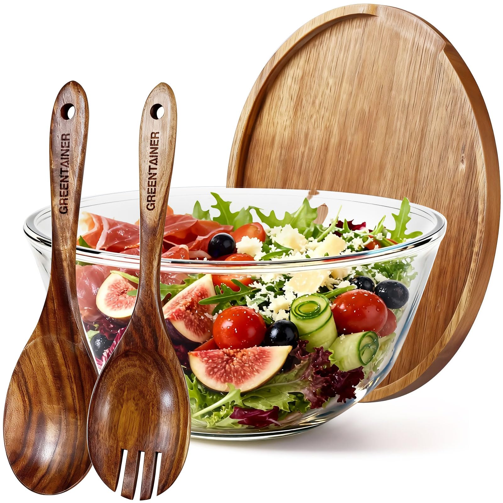 Greentainer Tigela de salada de vidro com tampa de madeira como tábua e prato de