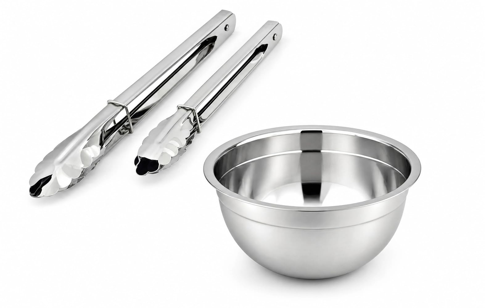 Kit Saladeira Redonda Inox 26cm + 2 Pegador de Salada - Para Servir Na Mesa - Bowl
