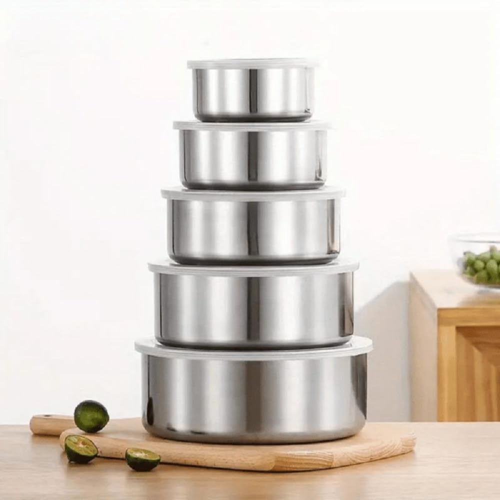 Conjunto 5 Tigela De Inox 200 a 1400ml Saladeira Vasilha Com Tampa