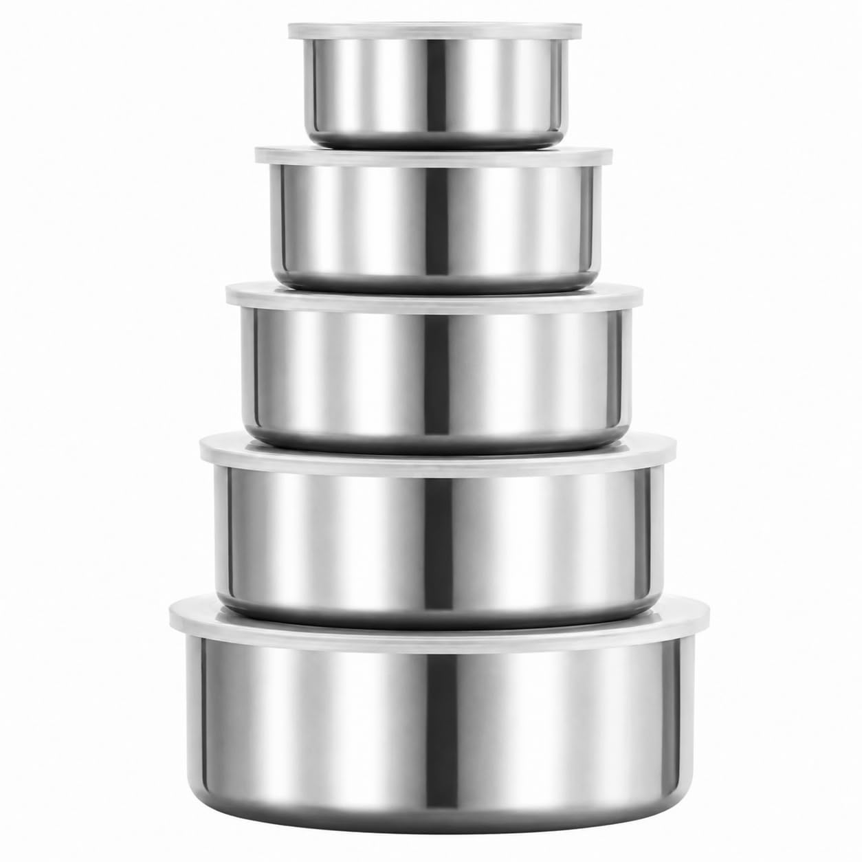 Conjunto 5 Tigelas Potes de Inox com Tampa Bowl Saladeira Cozinha Empilhável Resistente