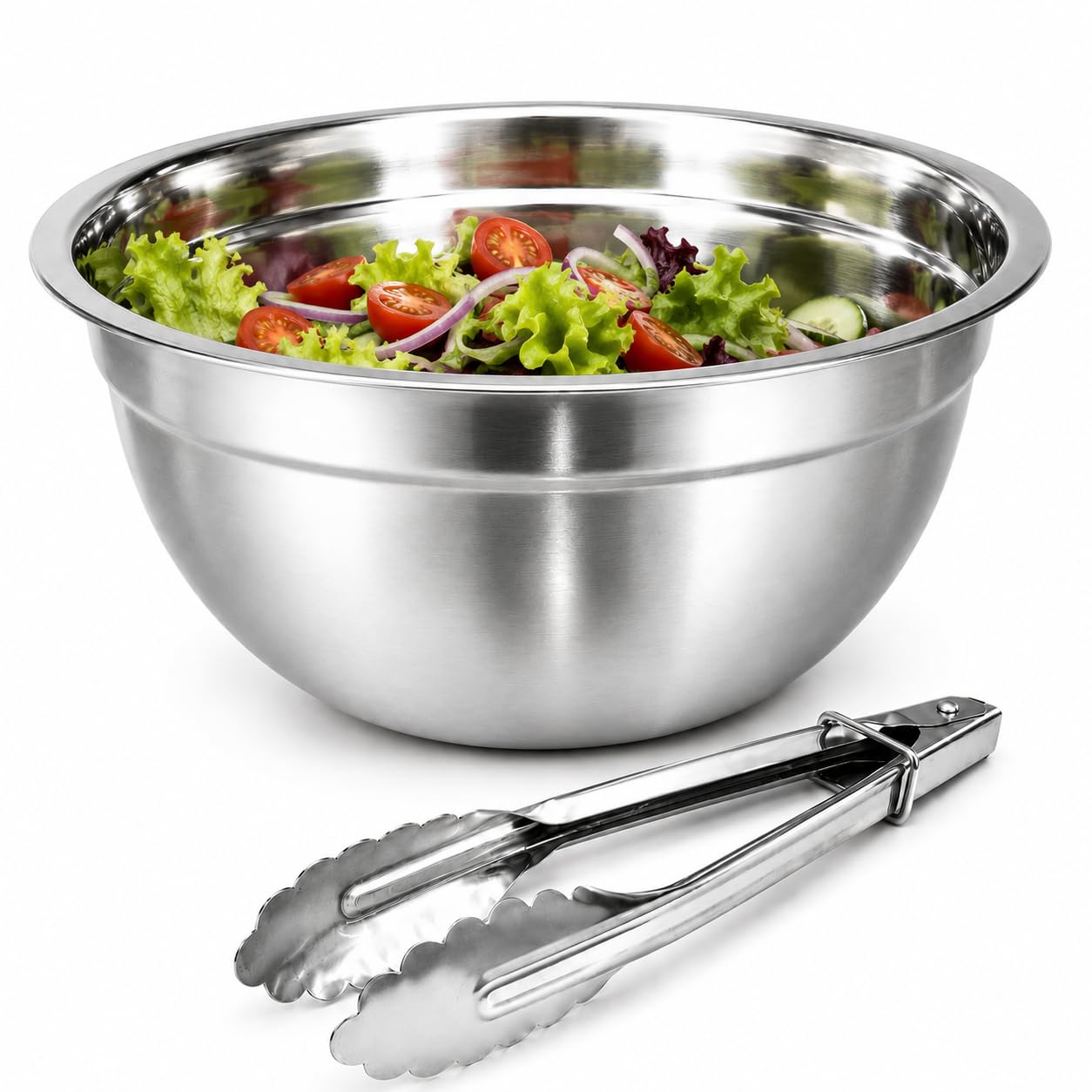 Kit Tigela Saladeira Redonda Inox Premium 22Cm + Pegador de Salada 18Cm Bowl de Salada