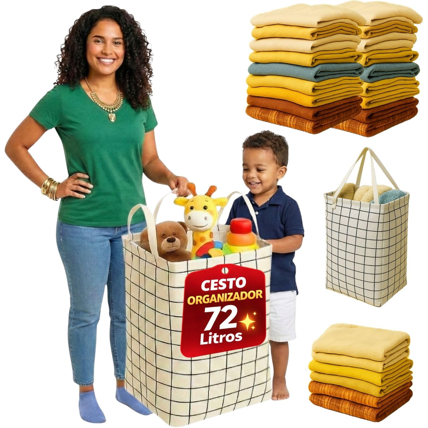 Cesto de Roupa Suja Dobrável 72L em Tecido Oxford Impermeável com Alças, Organizador para