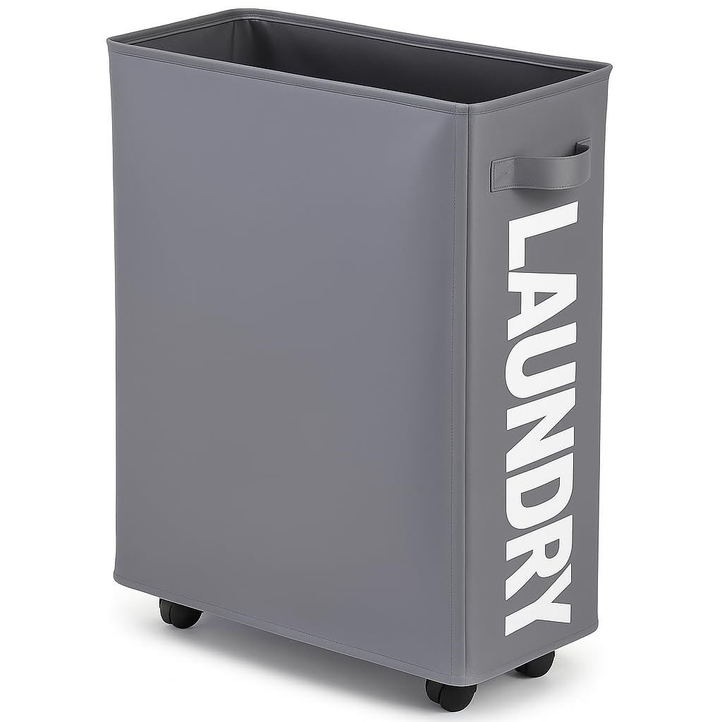 Cesto de roupa suja fino com rodinhas de 63,5 cm, cesto de roupa suja dobrável com alça,