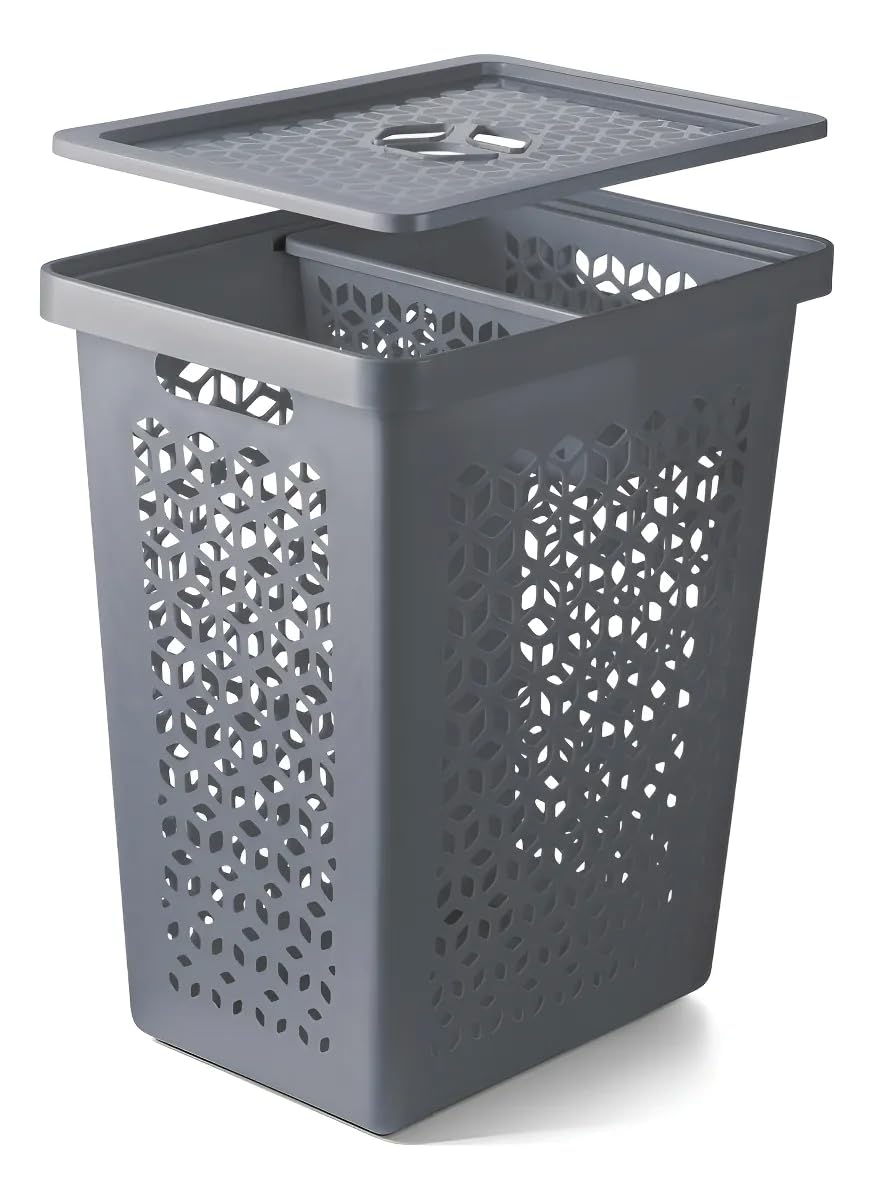 Cesto de Roupa Suja com Tampa, Plástico Reforçado, 55 Litros, Design Vazado para