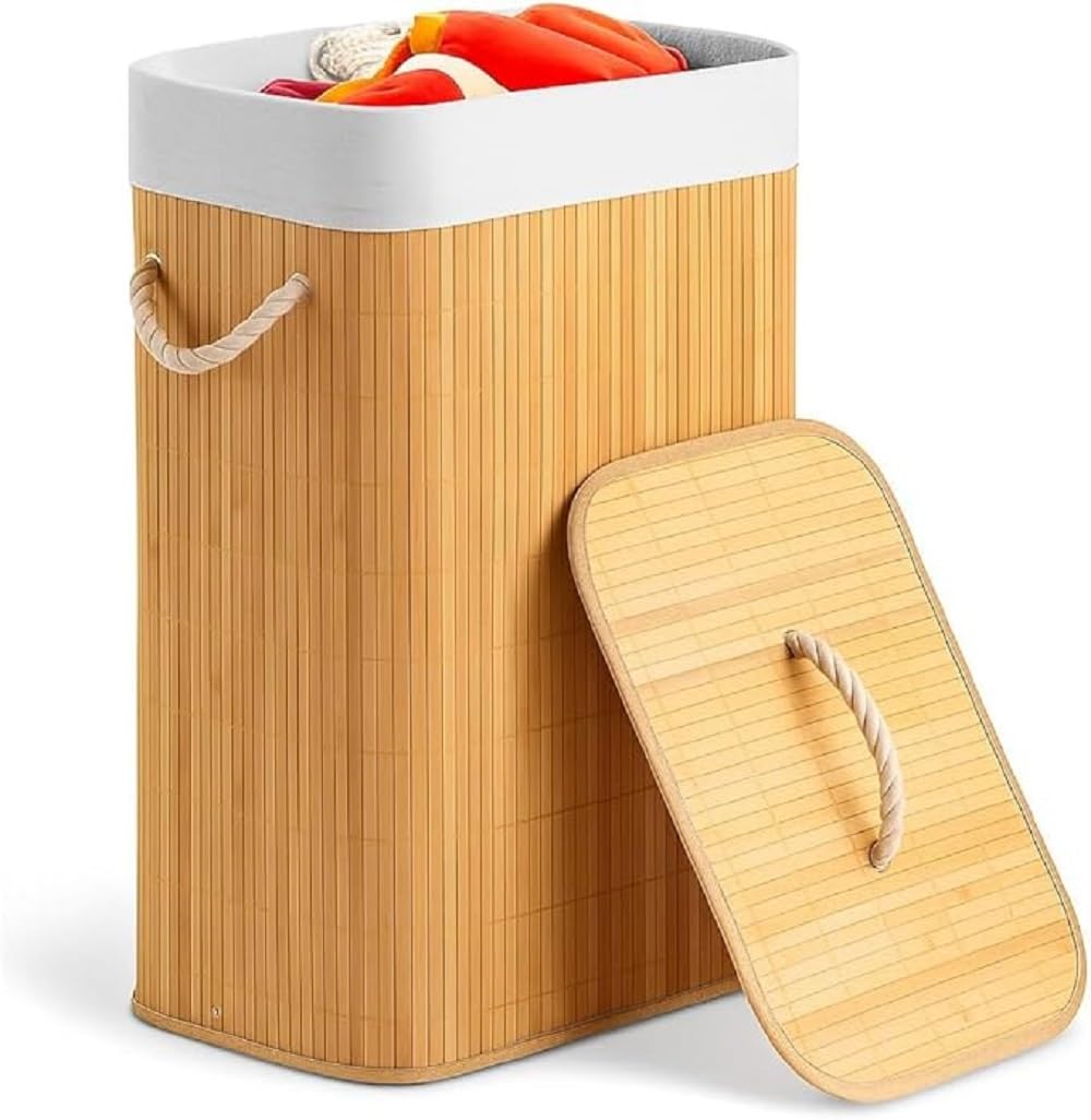 Cesto de Bambu Roupa Suja Dobrável 60L Com Tampa Alças De Corda Forro Removível Para