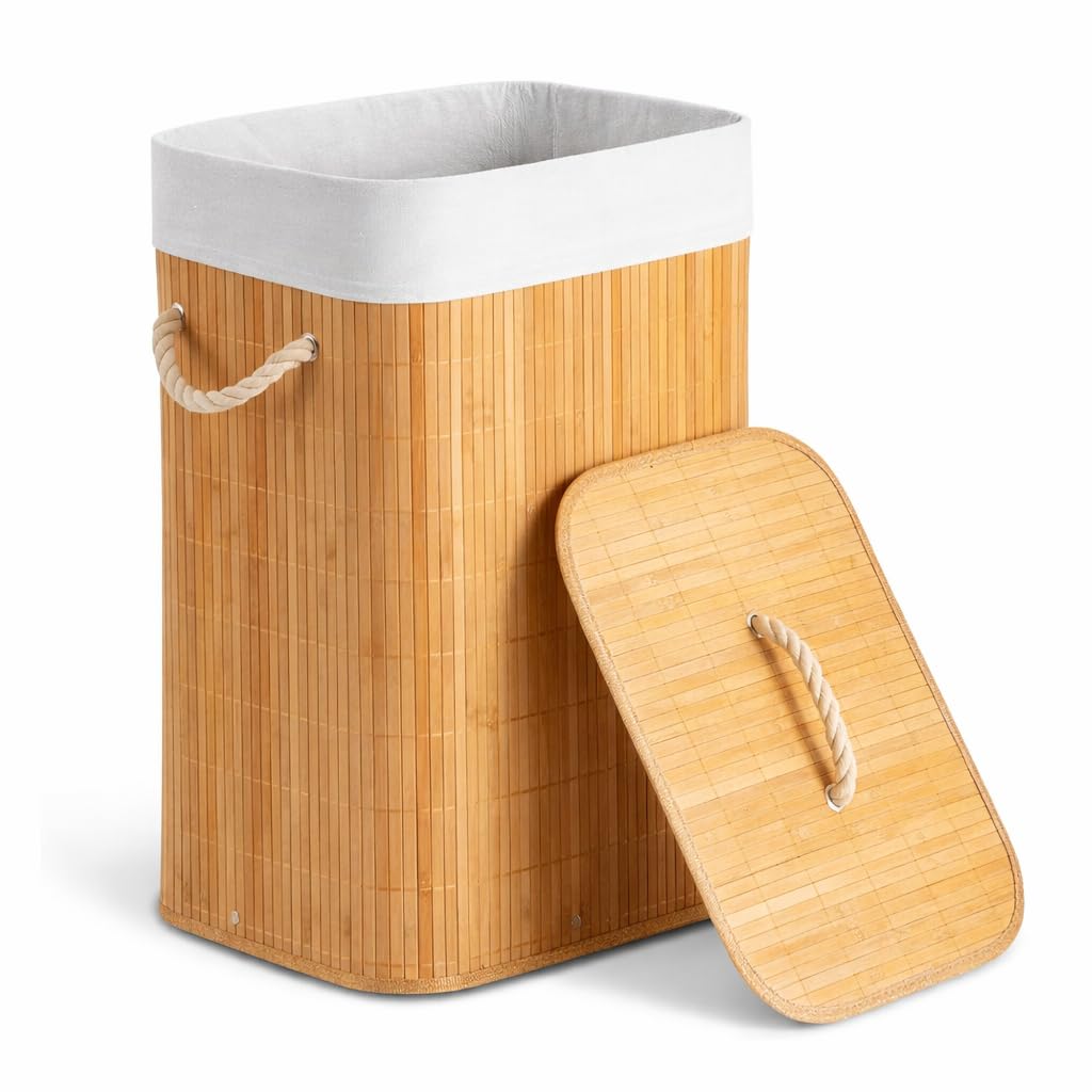 Cesto de Roupa Suja em Bambu Natural 60L com Tampa | Alças de Corda, Forro Removível e