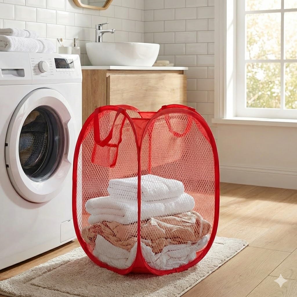 Cesto de Roupa Suja Dobrável Telado 29x50cm Organizador Pop Up (vermelho)