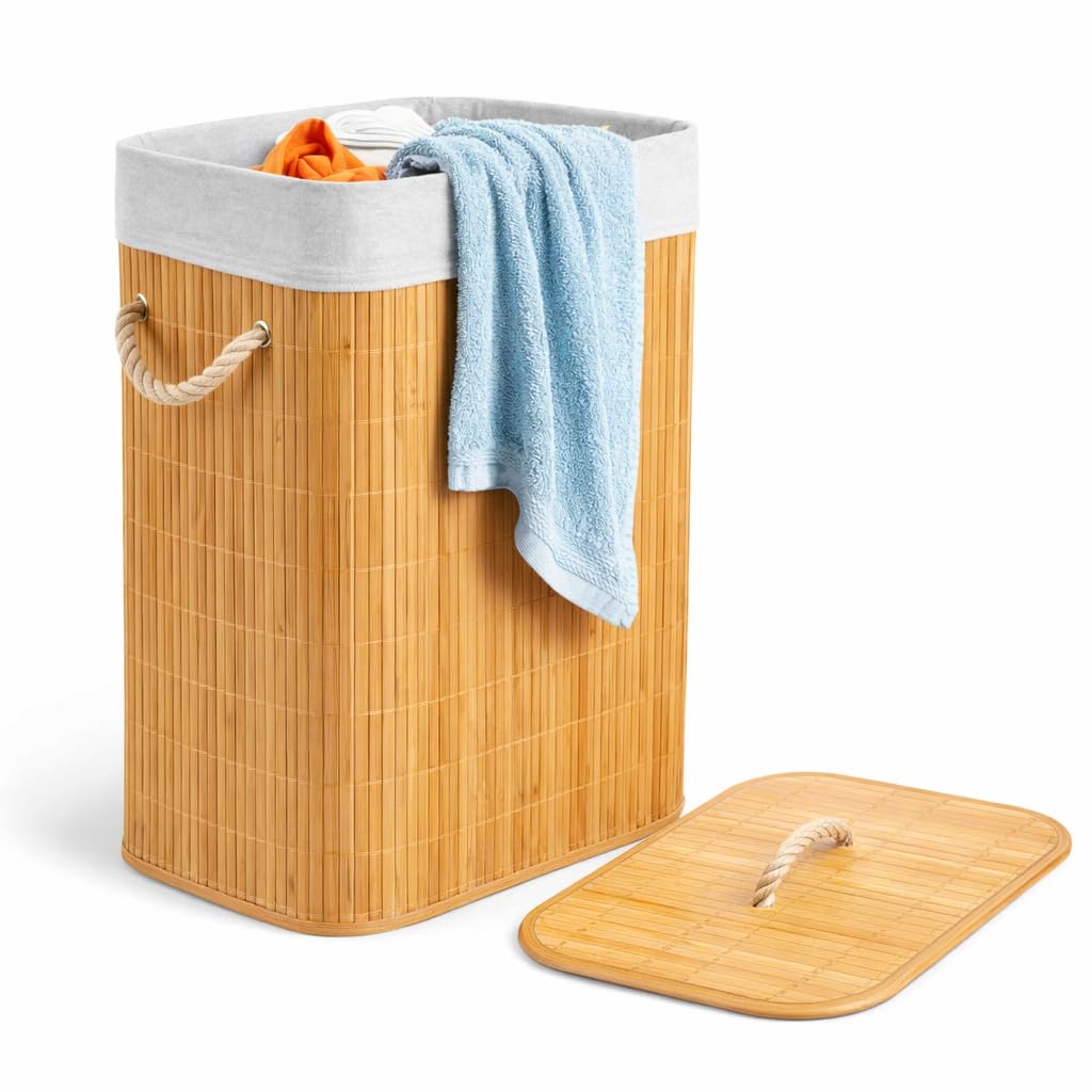 Cesto de Roupa Suja 60L em Bambu Natural com Tampa Organizador Dobrável com Forro