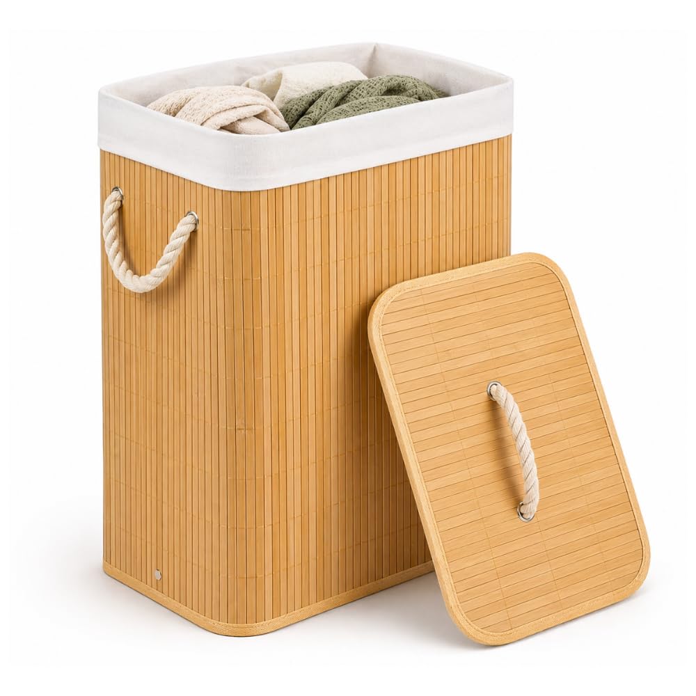 Cesto de Roupa Suja em Bambu 72L com Tampa Dobrável Grande Organizador de Lavanderia com