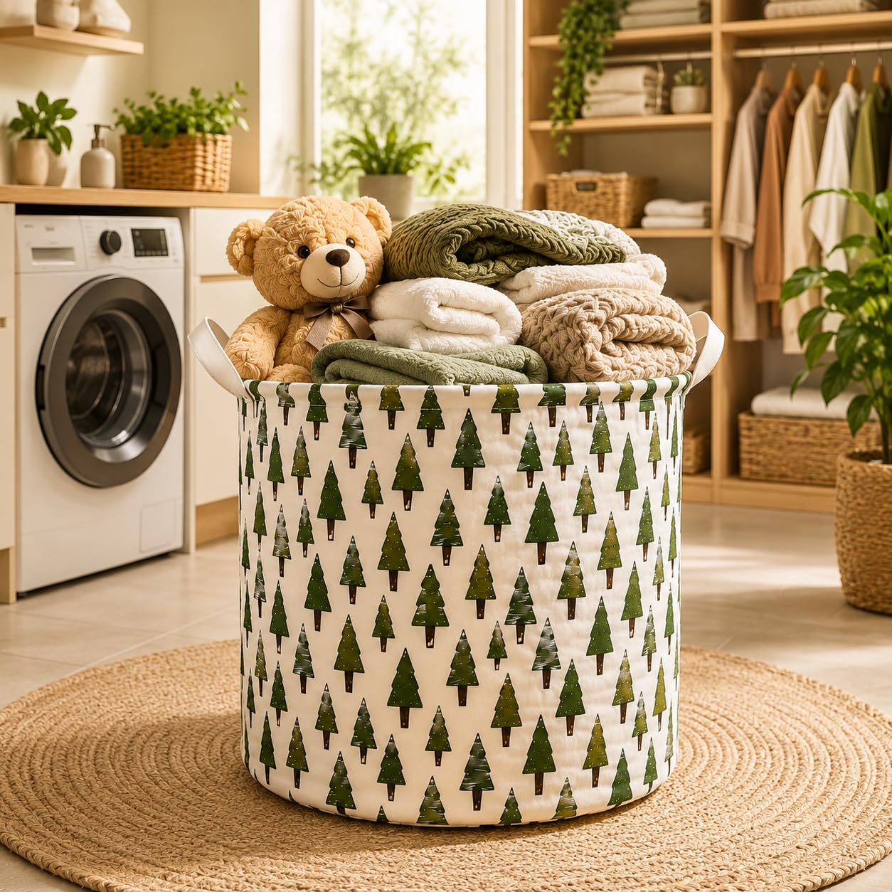 Cesto de Roupa Suja Dobrável Lavável Multiuso Grande Alças Estampa Floresta