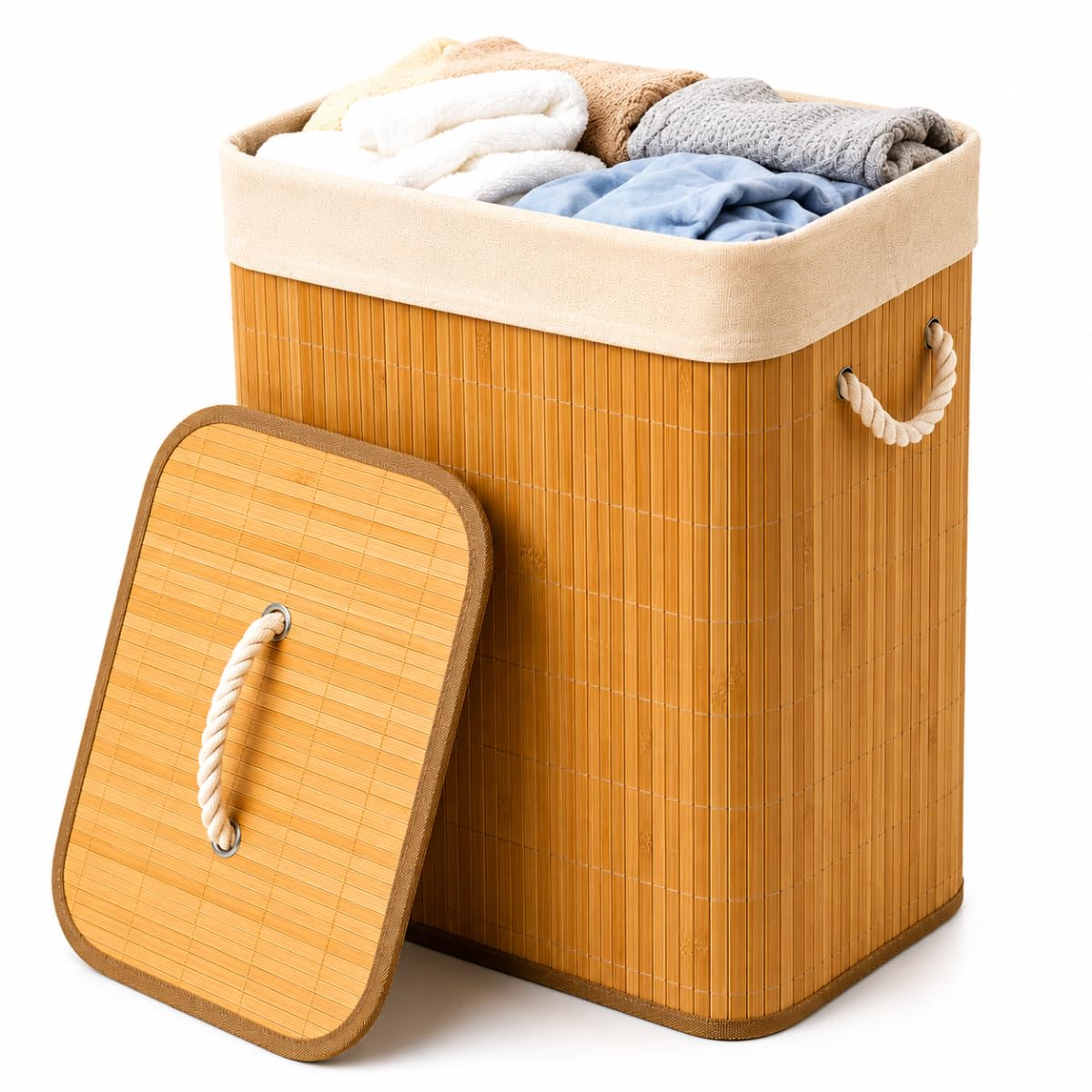 Cesto de Roupa Suja em Bambu Natural 60L com Tampa e Forro Removível | Dobrável, com