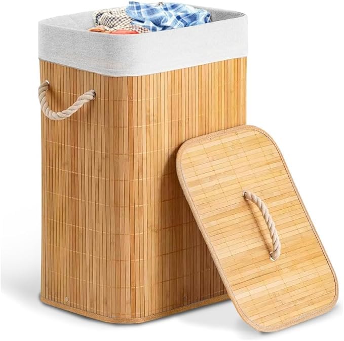 Cesto de Bambu Natural para Roupa Suja 60L com Tampa, Forro Removível e Alças de Corda