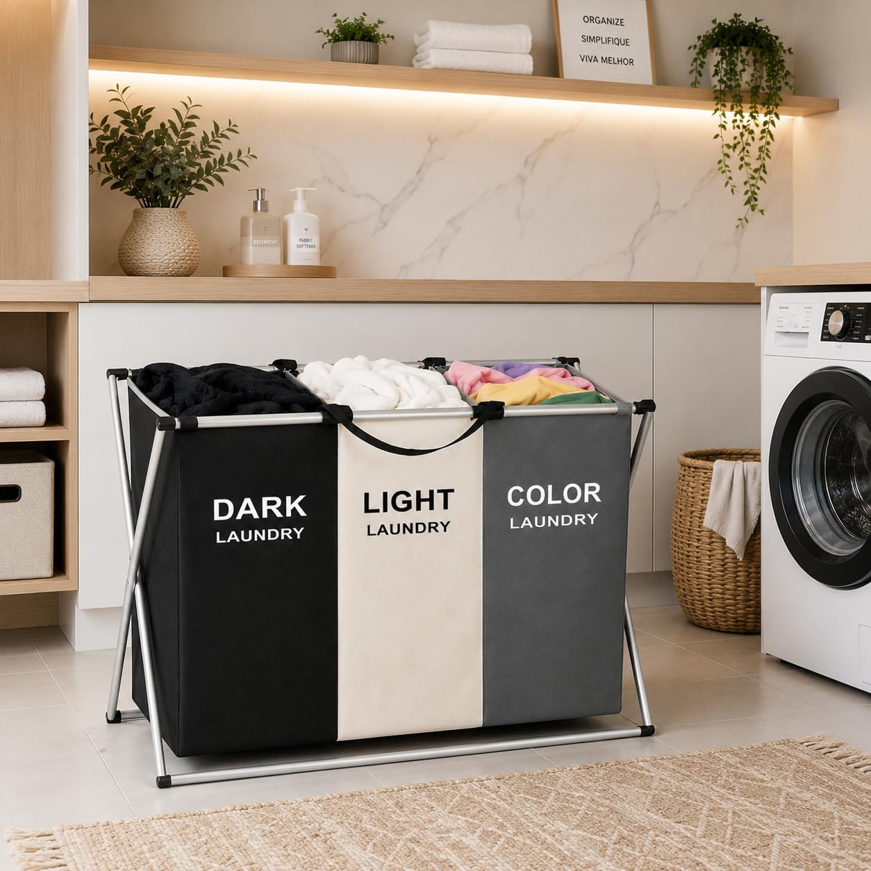 Cesto De Roupa Suja 3 Divisorias Organizador De Lavanderia Dobrável | Estrutura de