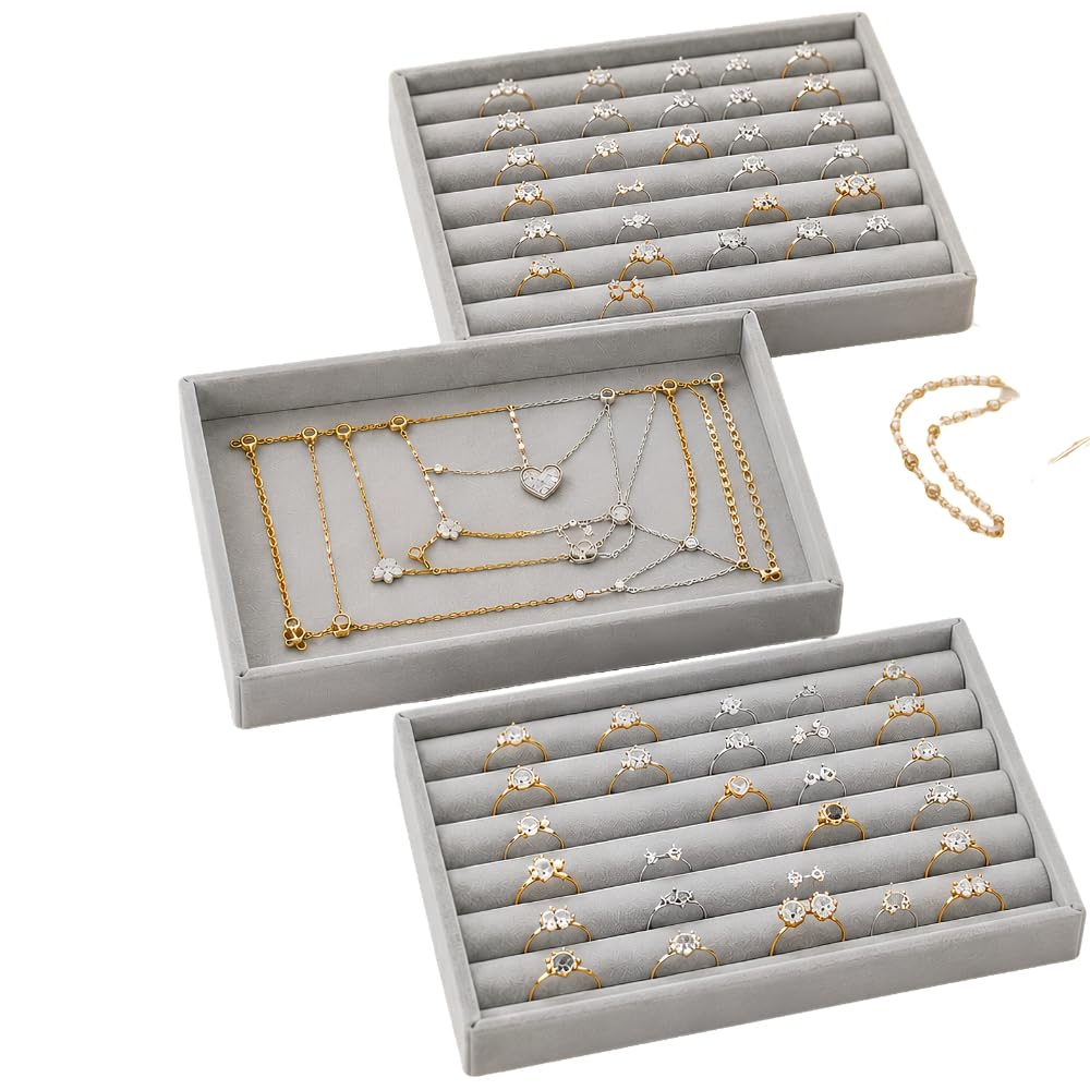 Kit Organizador de Joias Cinza, Grande 24x18,5cm, 3 Bandejas Veludo | Compartimentos para