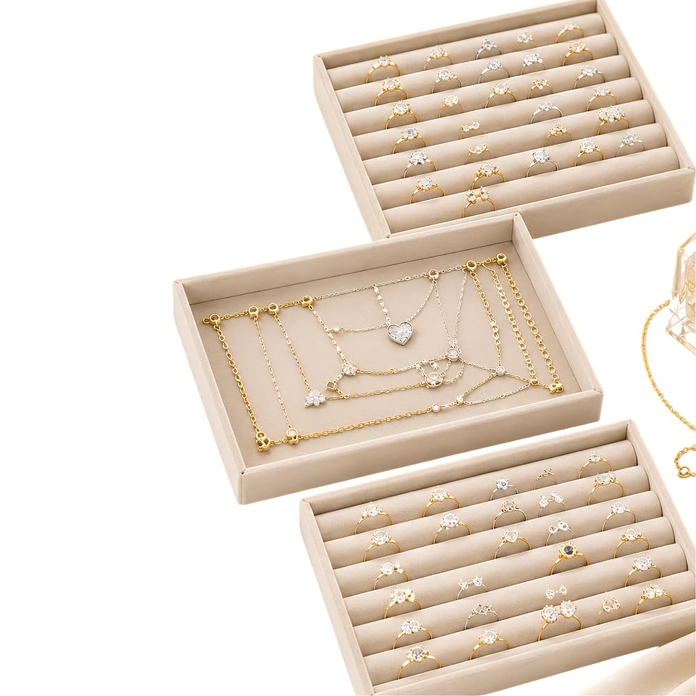 Kit Organizador de Joias com 3 Bandejas de Veludo, Bege/Off White | Grande,