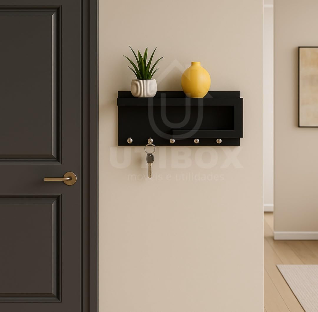 Porta Chaves de MDF com Prateleiras e Ganchos (preto)