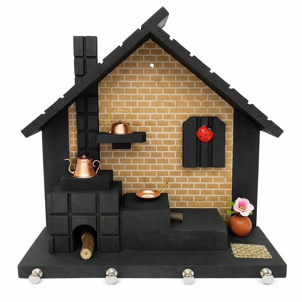 Porta Chaves De Parede Artesanal Fornalha Marrom Em MDF Miniaturas De Cobre Decoração
