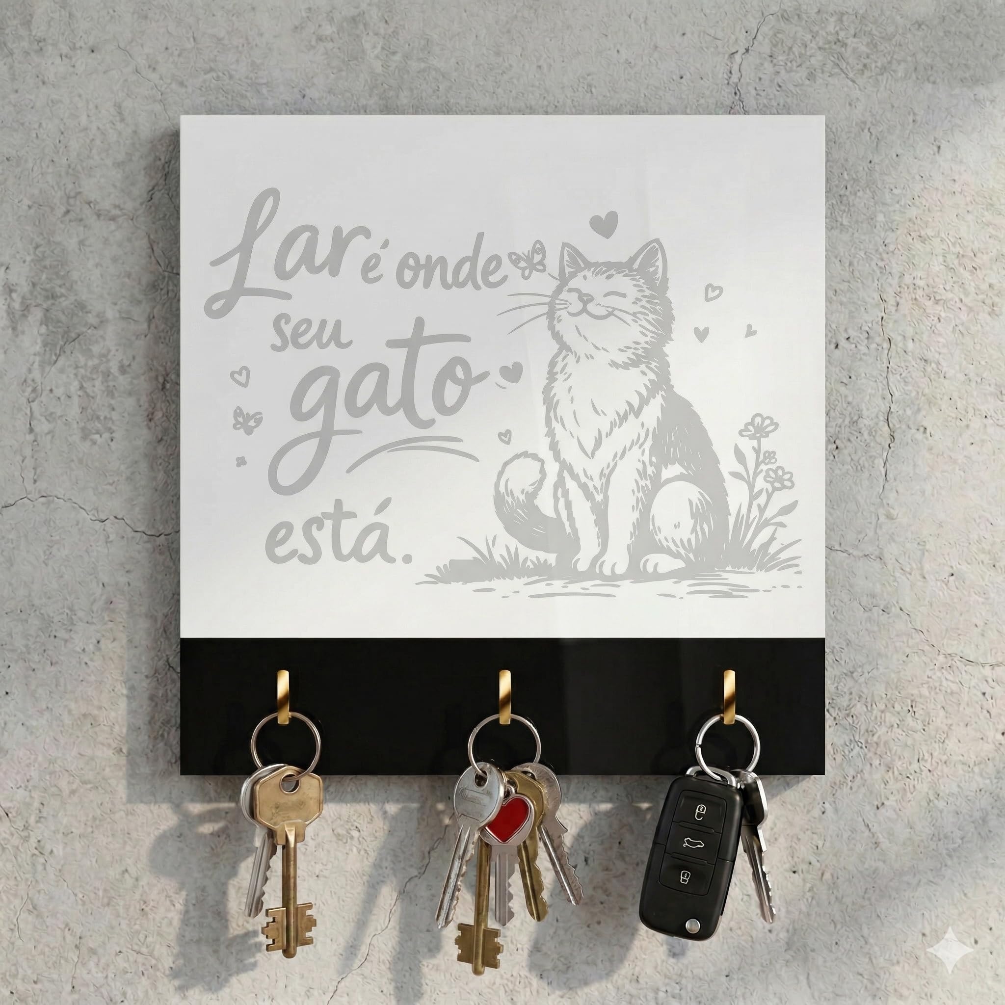 Porta Chaves de Alumínio Composto(ACM) Com Gravação a Laser (BRANCO - GATO)