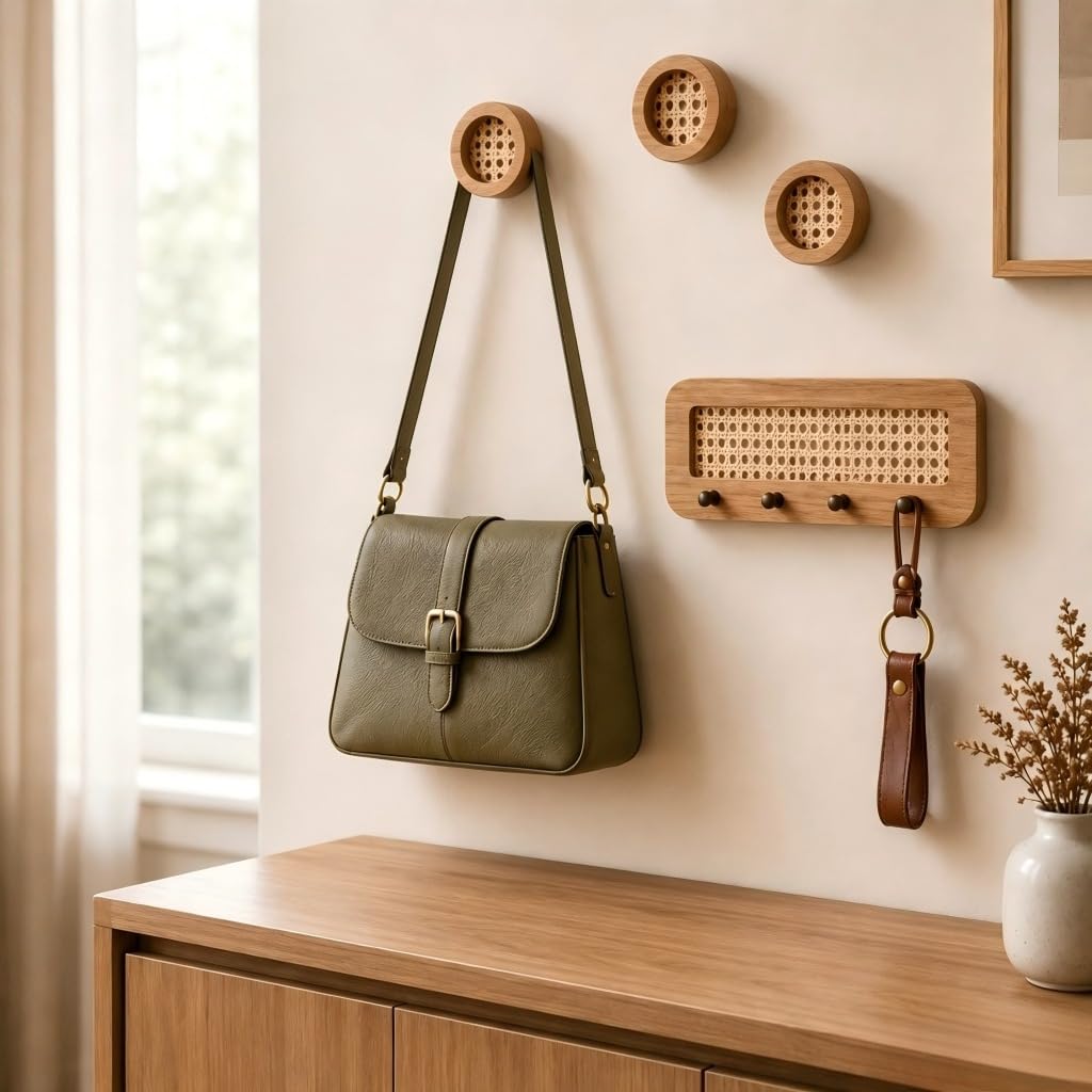 Kit porta-chaves MDF retangular com 3 cabideiros redondos decorativos em palha indiana