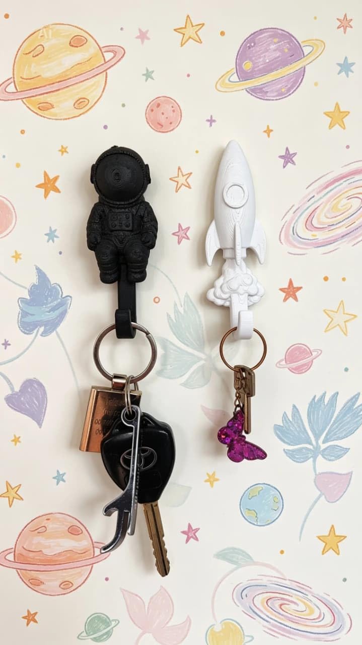 Porta Chaves de Parede Astronauta e Foguete Organizador Kit 2 Peças | Decoração Criativa,
